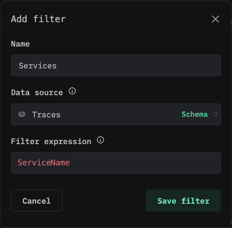 Диалоговое окно Add filter с полями Name, Data source и Filter expression