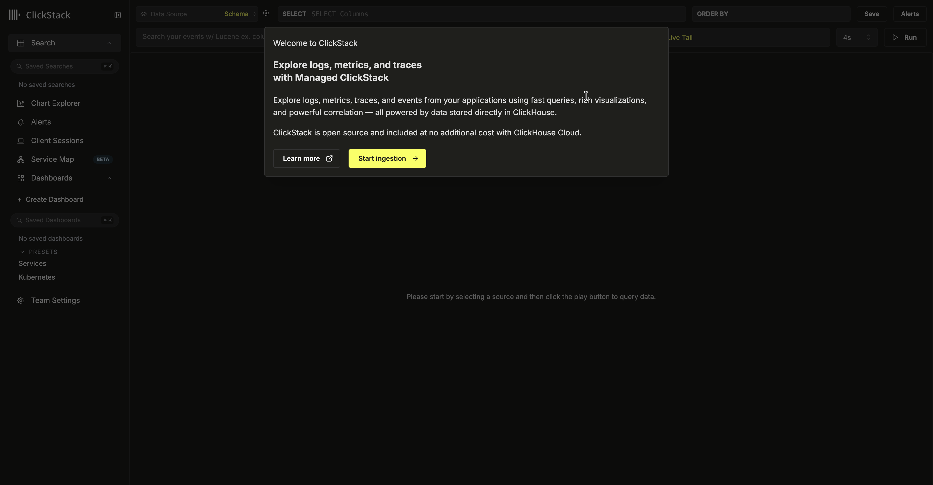 Настройка ингестии в интерфейсе ClickStack