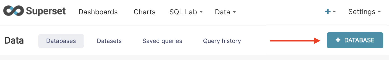 Интерфейс Superset с меню Database и выд�еленной кнопкой + Database